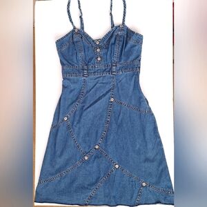 Vintage Guess Denim Babydoll Dress Patchwork Smocked Cotton Y2K Country Cowgirl